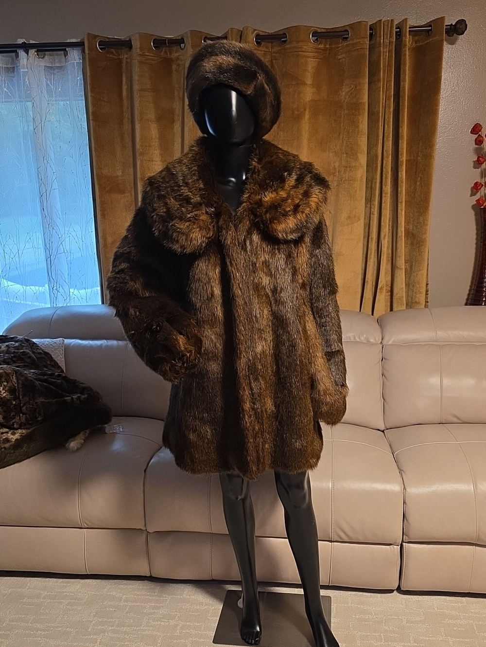 Luxurious Brown Faux Fur Coat with Matching Hat